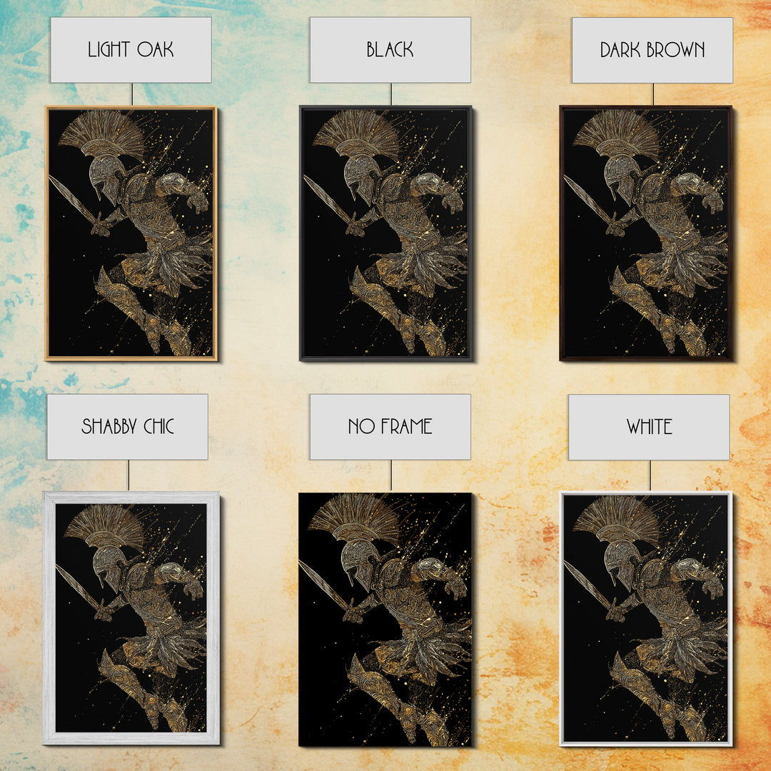 Charging Gladiator Gold Canvas Print, Warrior In Action Art On Canvas, Real Wood Frame Décor, Ancient Mythology Artwork