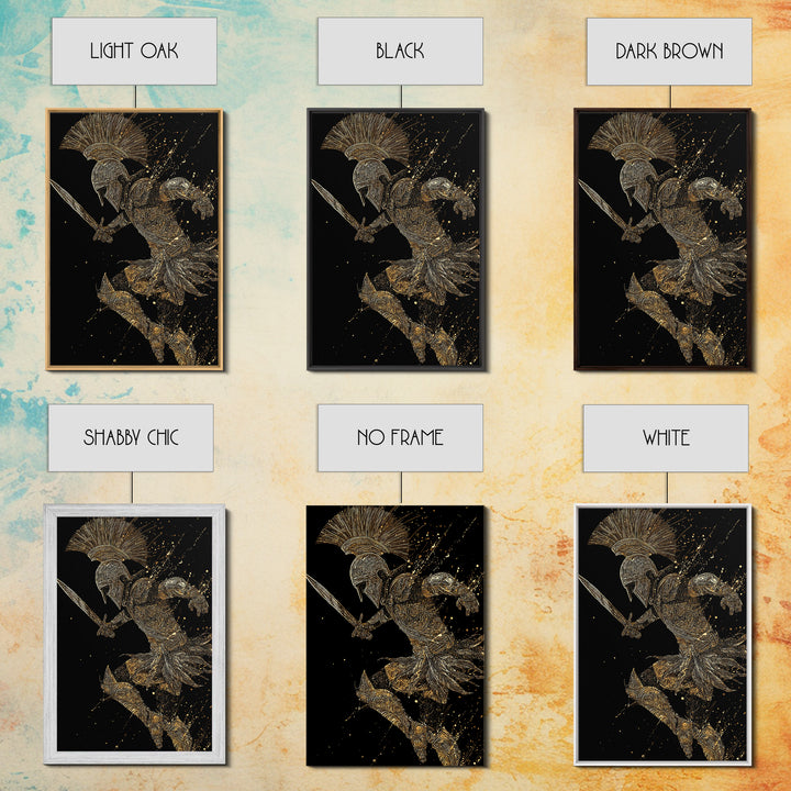 Charging Gladiator Gold Canvas Print, Warrior In Action Art On Canvas, Real Wood Frame Décor, Ancient Mythology Artwork