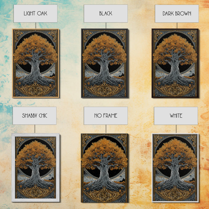 Yggdrasil Tree Gold Canvas Print, Norse Mythology Art On Canvas, Real Wood Frame Wall Décor, Sacred Viking Symbol Artwork