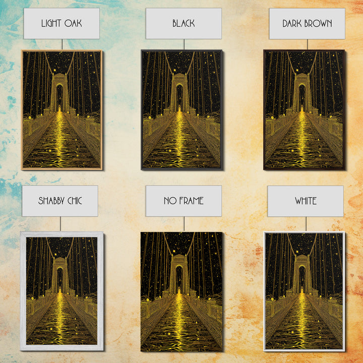 Celestial Bridge Gold Canvas Print, Fantasy Gateway Art On Canvas, Real Wood Frame Wall Décor, Mystical Night Sky Artwork