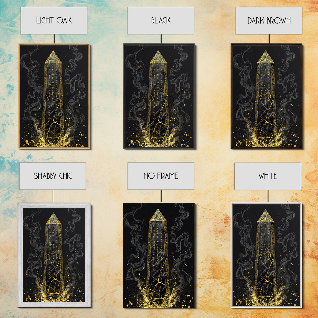 Runic Obelisk Gold Canvas Art, Mystical Stone Wall Print On Canvas, Real Wood Frame Decor, Ancient Fantasy Symbolic Artwork