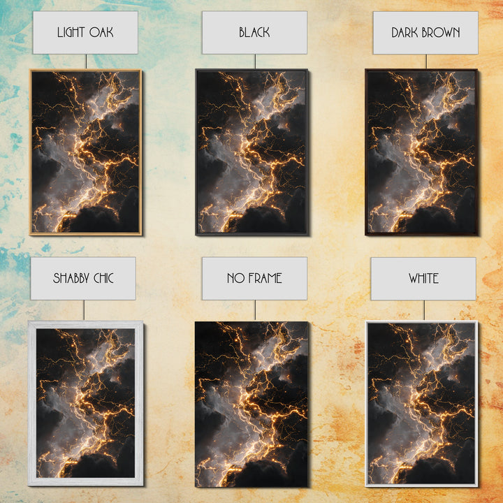 Celestial Lightning Storm Gold Canvas Art, Abstract Thunder Energy Canvas Print, Real Wood Frame Wall Décor, Dramatic Cosmic Power Artwork