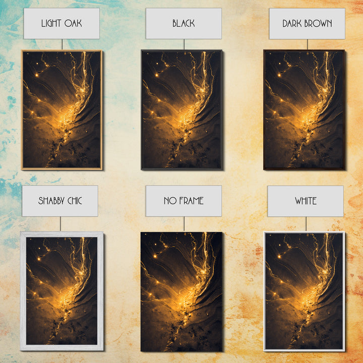 Golden River Flow Gold Canvas Print, Abstract Liquid Energy Artwork On Canvas, Real Wood Frame Wall Décor, Celestial Fluid Art