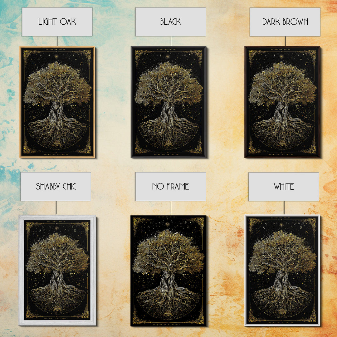 Ancient Cosmic Tree Gold Canvas Print, Norse Mythology Inspired Yggdrasil Artwork, Real Wood Frame Wall Décor, Mystical Fantasy Art