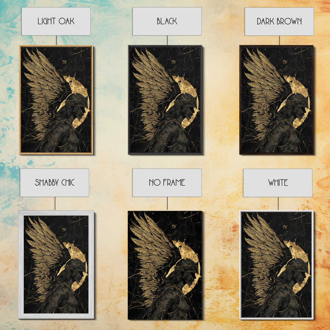 Winged Warrior Gold Canvas Print, Angelic Guardian Art On Canvas, Real Wood Frame Decor, Mythology Spiritual Wall Artwork