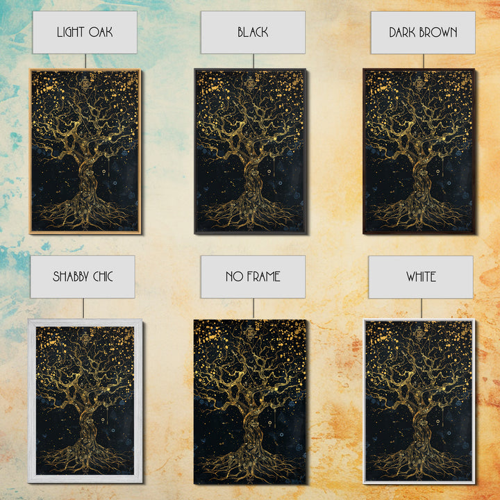 Mystical Tree Of Life Gold Canvas Art, Celestial Symbolic Nature Canvas Print, Real Wood Frame Wall Décor, Sacred Mythology Fantasy Artwork