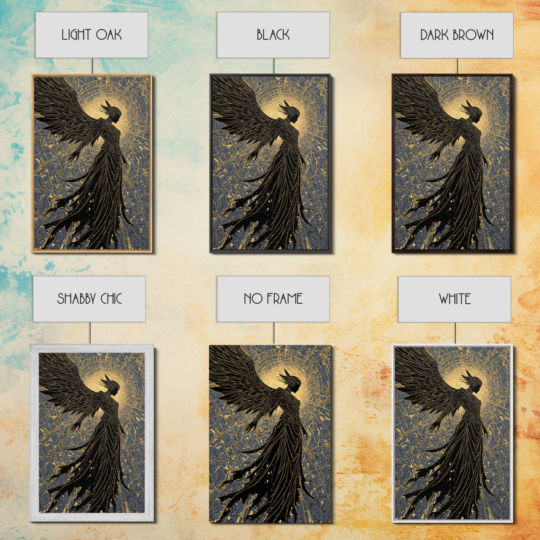 Radiant Angel Gold Canvas Art, Celestial Winged Guardian Canvas Print, Real Wood Frame Wall Décor, Mythology Fantasy Artwork