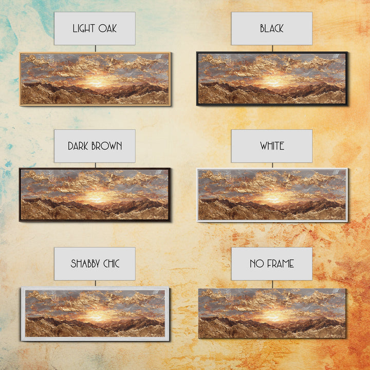 Sunlit Peaks Gold Canvas Print, Golden Mountain Sunrise Wall Art, Abstract Nature Landscape Artwork With Real Wood Frame