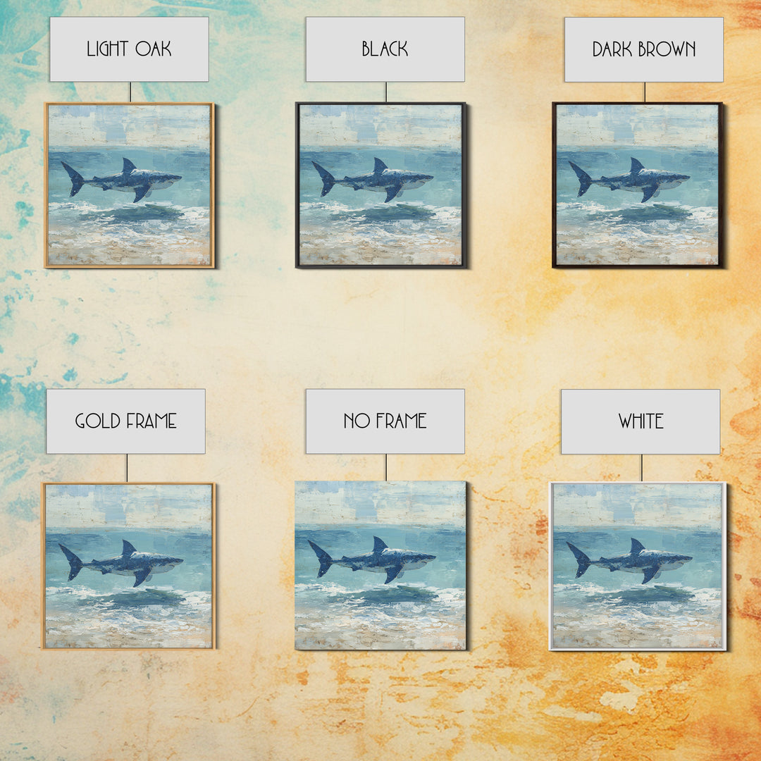 Shark Silhouette in Deep Blue Light Framed Canvas Print, Marine Life Art, Tropical Wall Art, Living Room Decor, Abstract Art, MLA-1x1-84