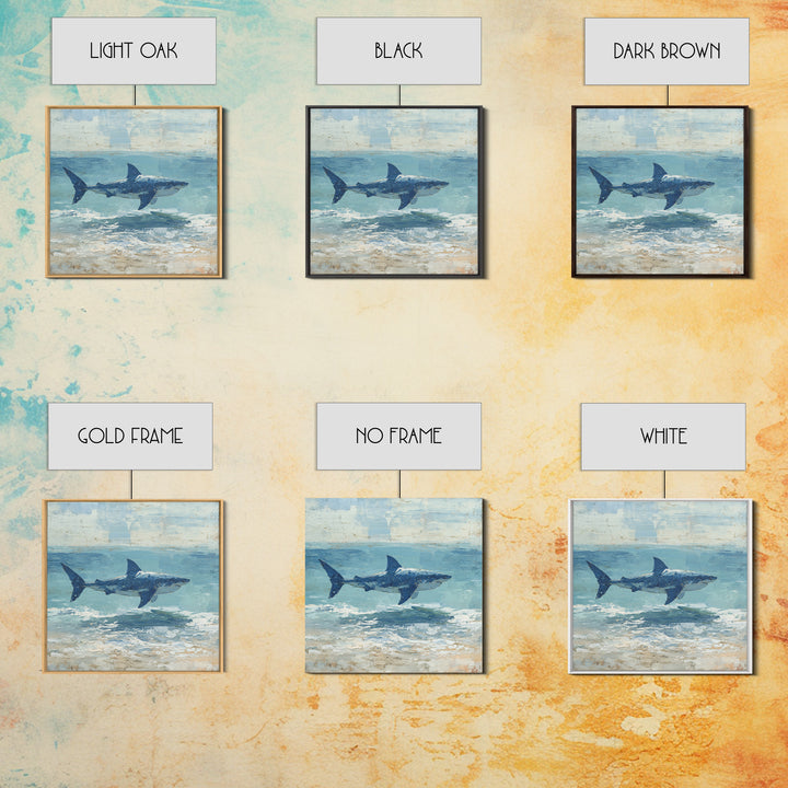 Shark Silhouette in Deep Blue Light Framed Canvas Print, Marine Life Art, Tropical Wall Art, Living Room Decor, Abstract Art, MLA-1x1-84