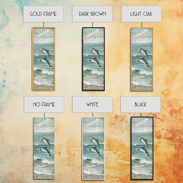 Dolphins Leaping Through Sunlit Waves Framed Canvas Print, Marine Life Art, Watercolor Art, Living Room Decor, Oil Painting, MLA-1x3-91