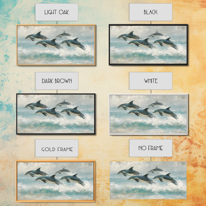 Dolphins Leaping Through Sunlit Waves Framed Canvas Print, Marine Life Art, Coastal Art, Living Room Decor, Fine Art, Marine, MLA-2x1-3