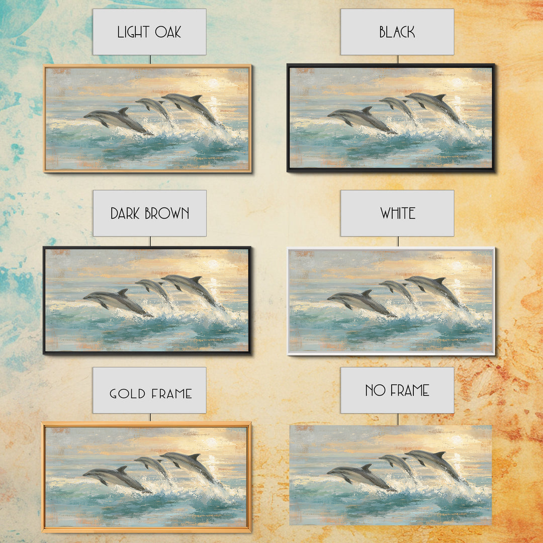 Dolphins Leaping Through Sunlit Waves Framed Canvas Print, Marine Life Art, Coastal Art, Living Room Decor, Fine Art, Marine, MLA-2x1-99