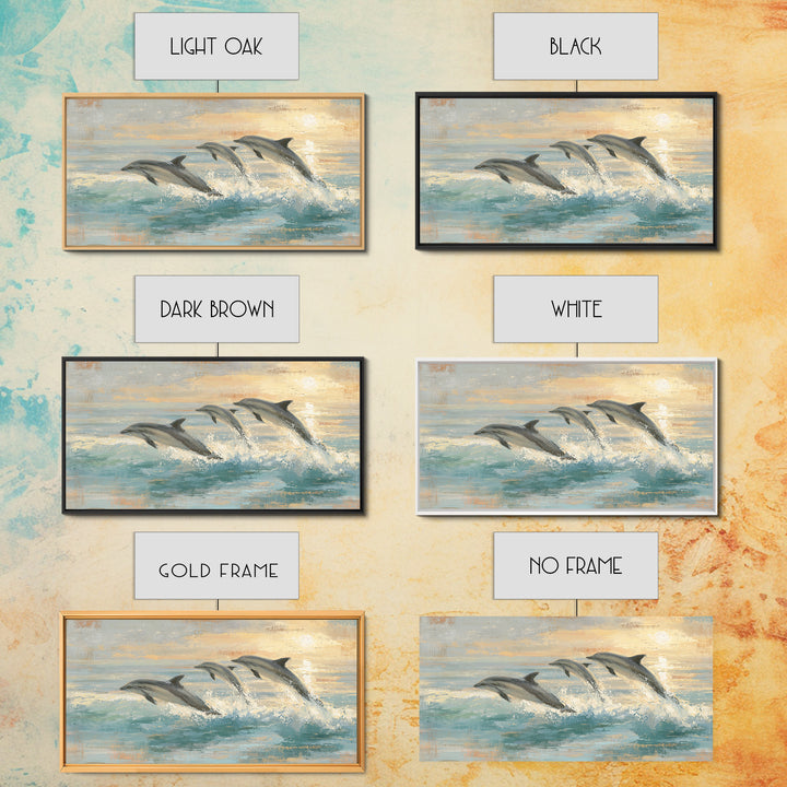 Dolphins Leaping Through Sunlit Waves Framed Canvas Print, Marine Life Art, Coastal Art, Living Room Decor, Fine Art, Marine, MLA-2x1-99