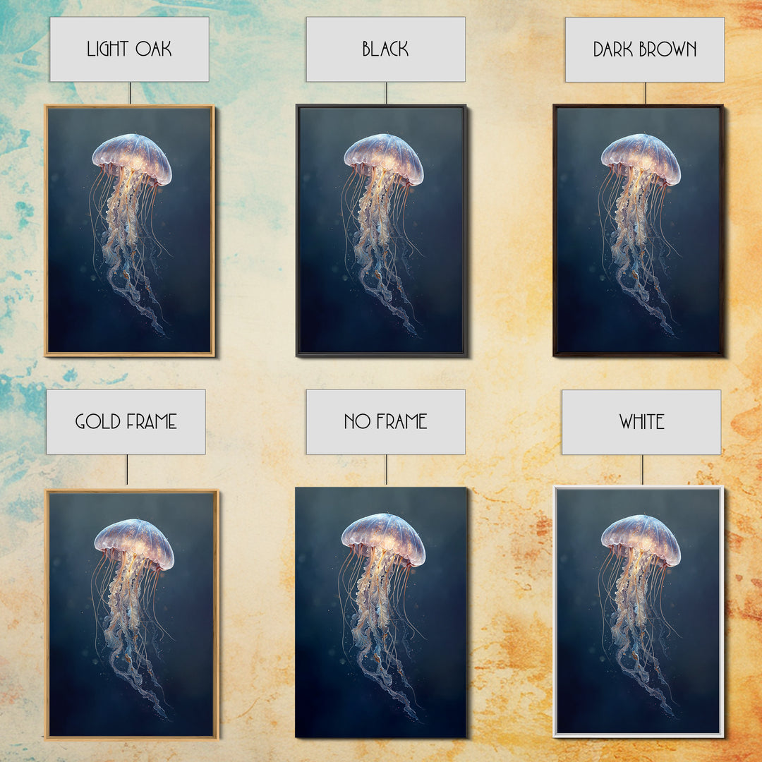 Jellyfish Floating in Luminous Dark Water Canvas Print, Marine Life Art, Handmade Art, Living Room Decor, Oil Painting, Marine, MLA-2x3-14