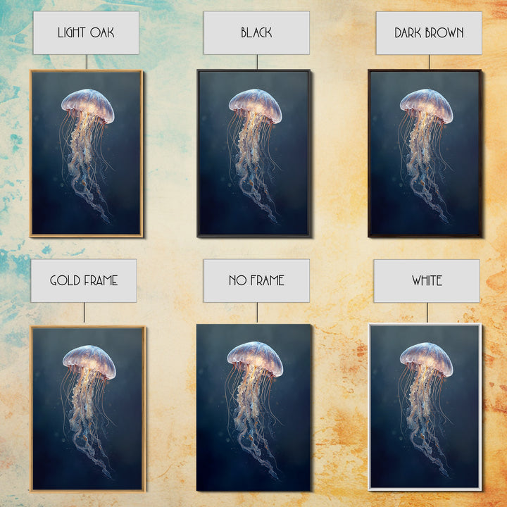 Jellyfish Floating in Luminous Dark Water Canvas Print, Marine Life Art, Handmade Art, Living Room Decor, Oil Painting, Marine, MLA-2x3-14