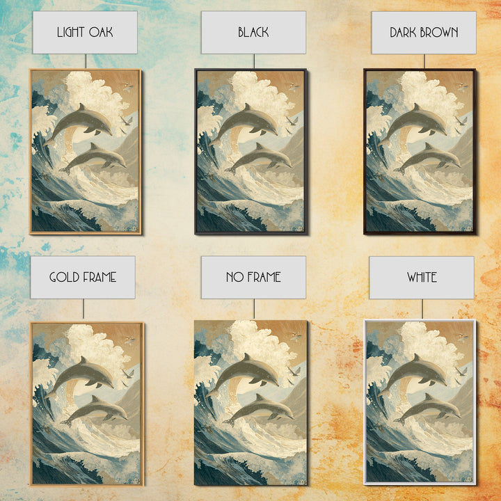 Dolphins Leaping Through Sunlit Waves Canvas Print, Marine Life Art, Surf Poster, Living Room Decor, Fine Art, Marine, MLA-2x3-15