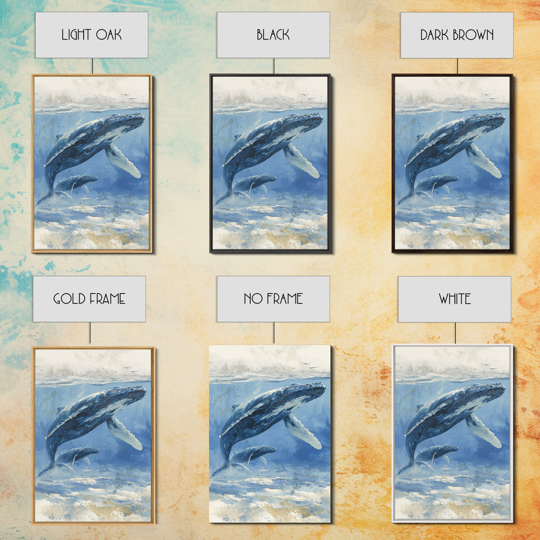 Humpback Whale and Calf Framed Canvas Print, Marine Life Art, Tropical Wall Art, Living Room Decor, Fine Art, Marine, MLA-2x3-26