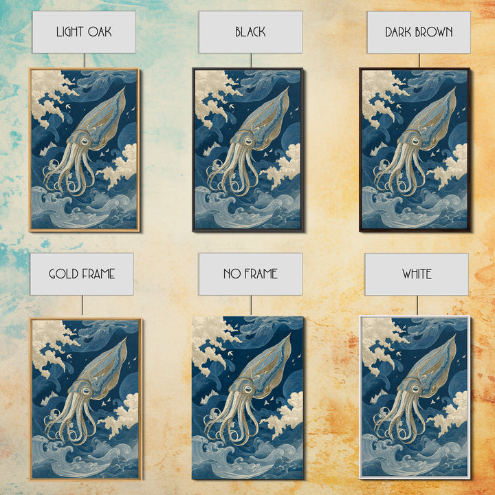 Squid in a Mysterious Midnight Sea Canvas Print, Marine Life Art, Ocean Wall Art, Living Room Decor, Watercolor Art, Marine, MLA-2x3-27