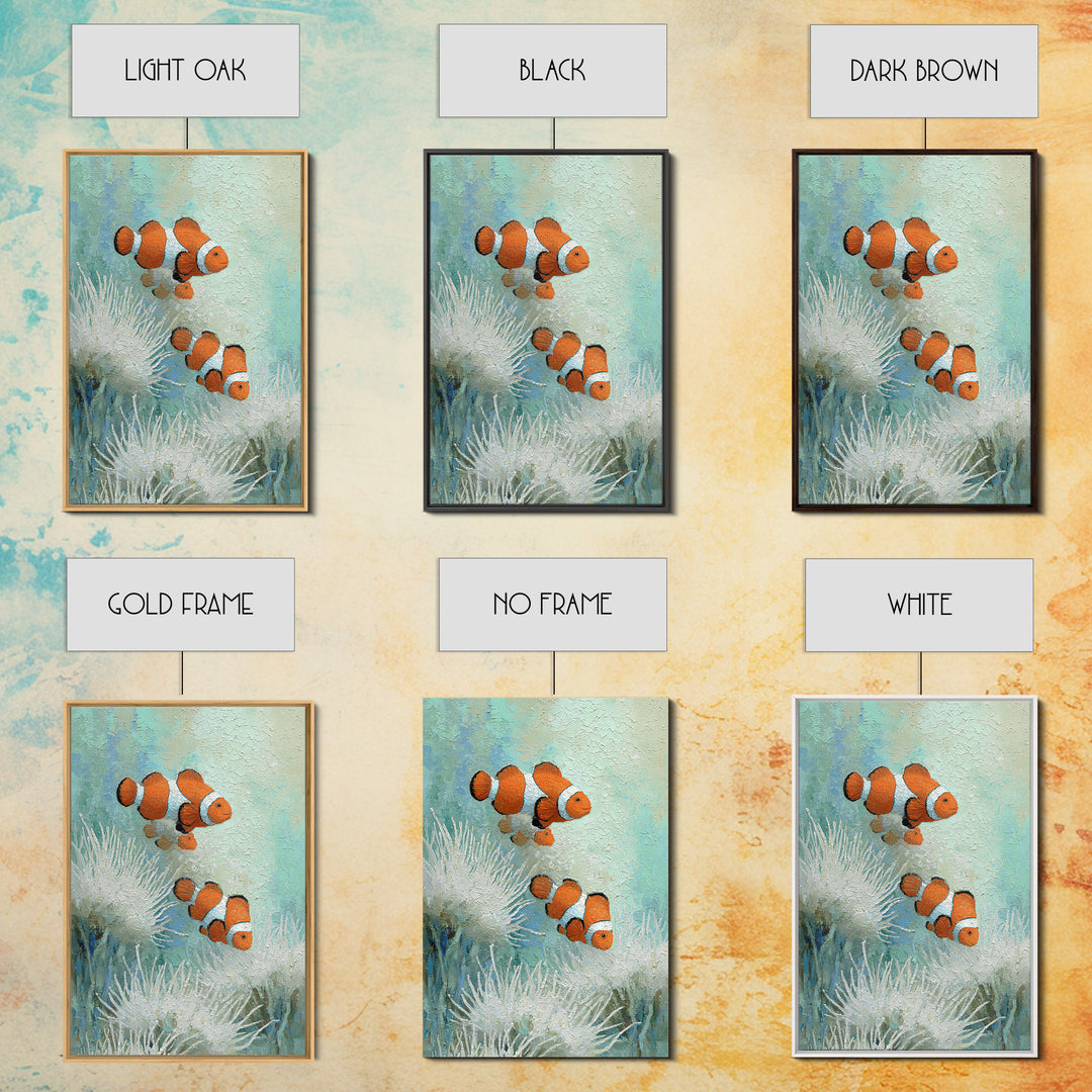 Clownfish Around Anemone Tentacles Framed Canvas Print, Marine Life Art, Textured Painting, Living Room Decor, Fine Art, Marine, MLA-2x3-28