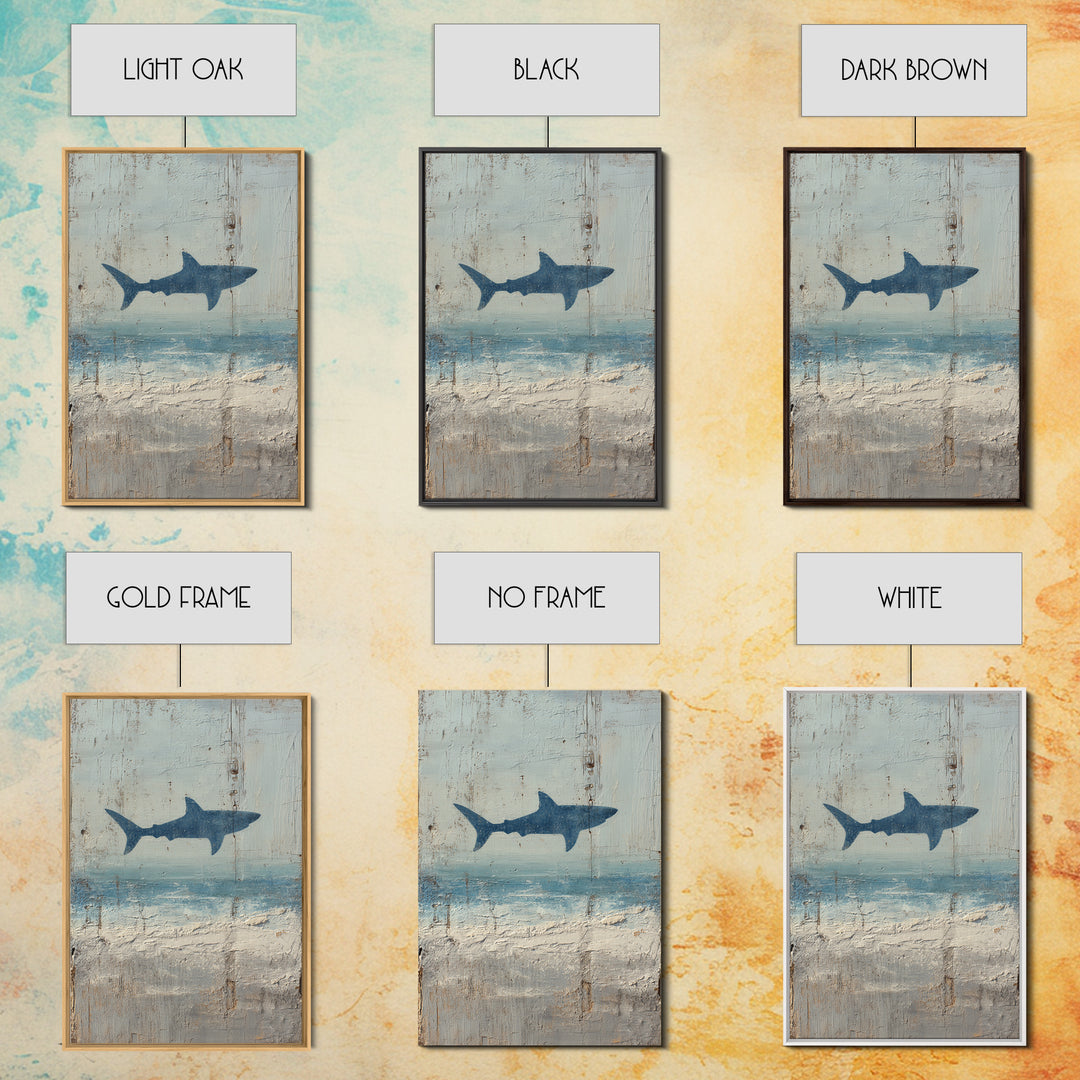 Shark Silhouette in Deep Blue Light Framed Canvas Print, Marine Life Art, Nautical Wall Art, Living Room Decor, Watercolor Art, MLA-2x3-44