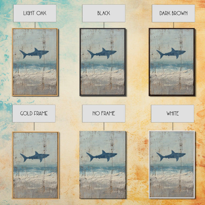 Shark Silhouette in Deep Blue Light Framed Canvas Print, Marine Life Art, Nautical Wall Art, Living Room Decor, Watercolor Art, MLA-2x3-44