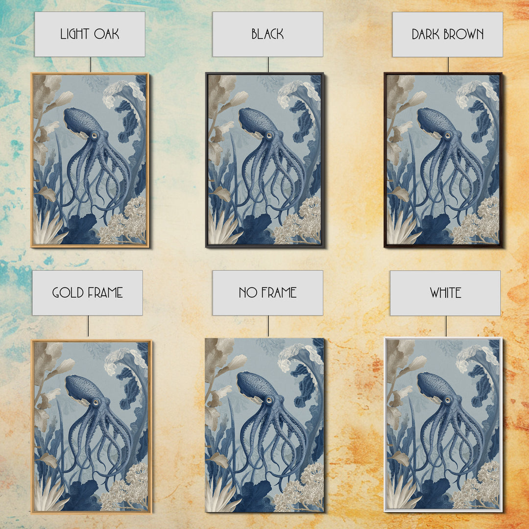 Squid in a Mysterious Midnight Sea Framed Canvas Print, Marine Life Art, Ocean Decor, Living Room Decor, Oil Painting, Marine, MLA-2x3-51