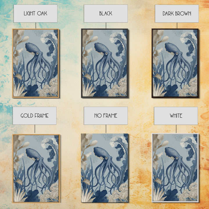 Squid in a Mysterious Midnight Sea Framed Canvas Print, Marine Life Art, Ocean Decor, Living Room Decor, Oil Painting, Marine, MLA-2x3-51