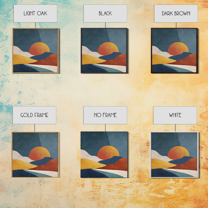 Large Sun and Hill Shapes Framed Canvas Print, Midcentury Modern Art, Textured Painting, Living Room Decor, Abstract Art, Retro, MMA-1x1-29