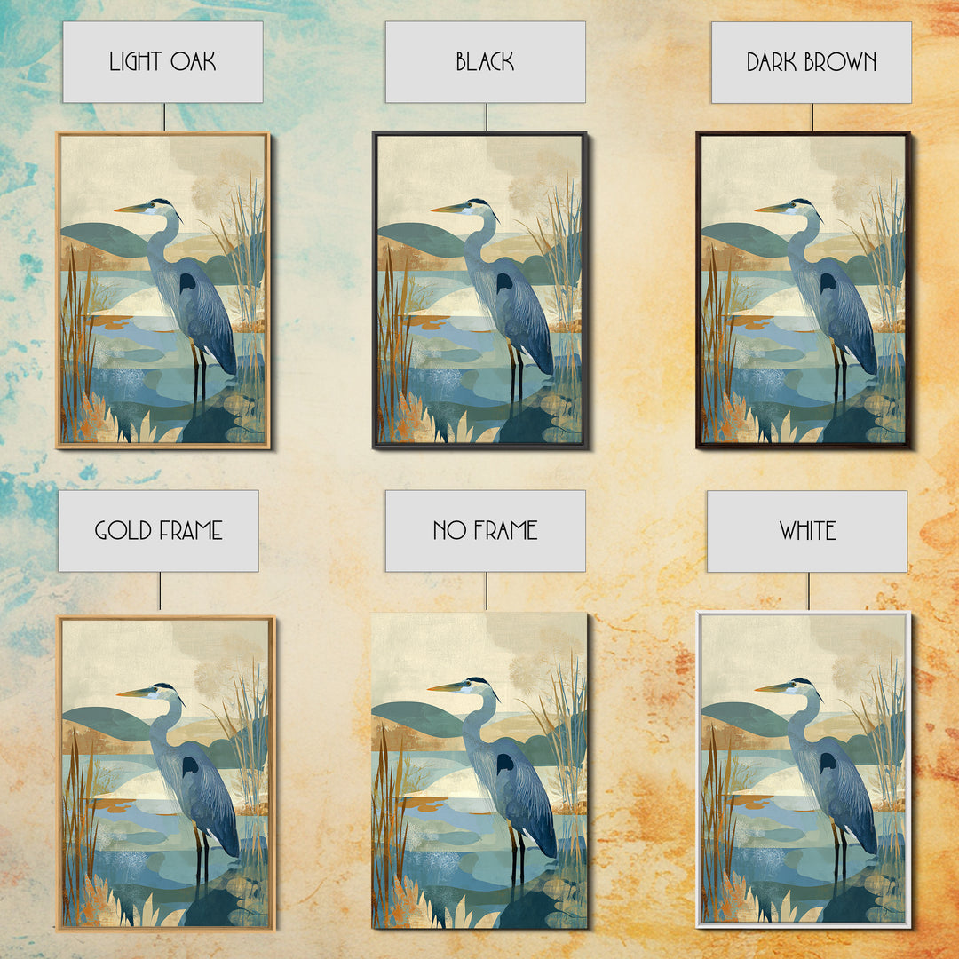 Blue Heron Standing Framed Canvas Print, Medical Office Art, Textured Painting, Office Decor, Fine Art, Calm, Minimalist Art, MOA-2x3-22