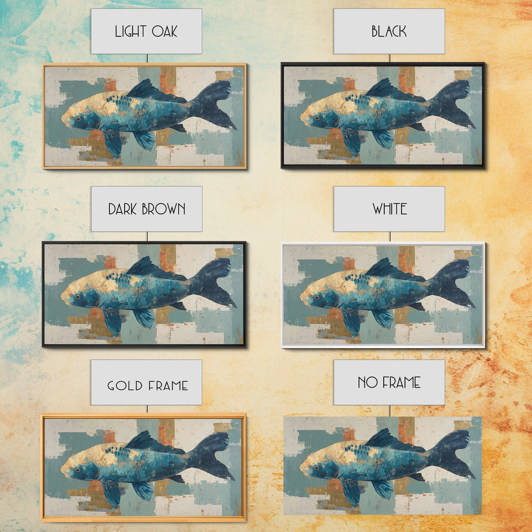Teal Koi Fish on Tonal Water Framed Canvas Print, Monochrome Art, Minimalist Decor, Living Room Decor, Fine Art, Mono, MON-2x1-37