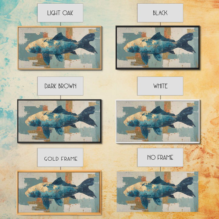 Teal Koi Fish on Tonal Water Framed Canvas Print, Monochrome Art, Minimalist Decor, Living Room Decor, Fine Art, Mono, MON-2x1-37
