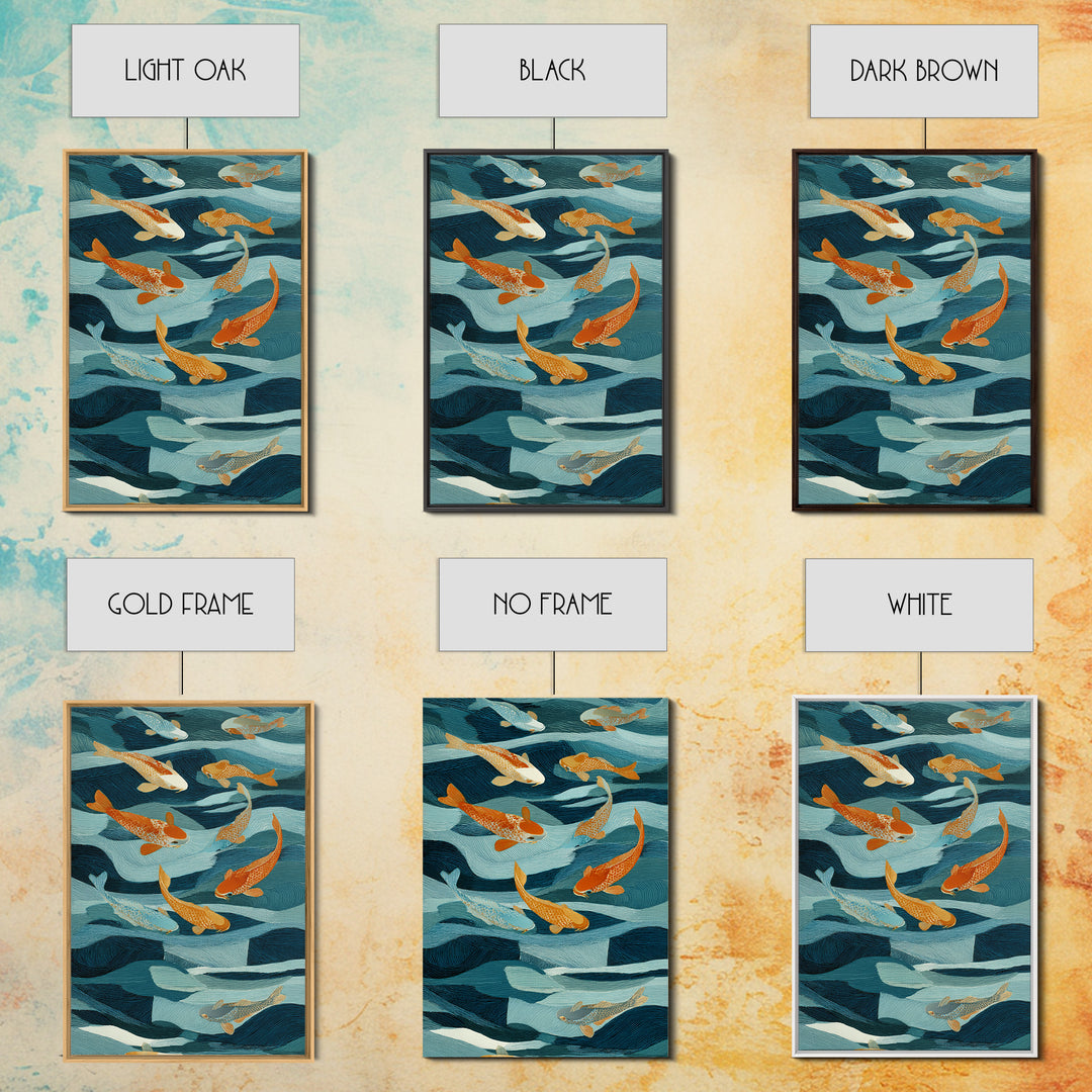 Teal Koi Fish on Tonal Water Framed Canvas Print, Monochrome Art, Wall Art, Living Room Decor, Fine Art, Mono, Abstract Art, MON-2x3-1