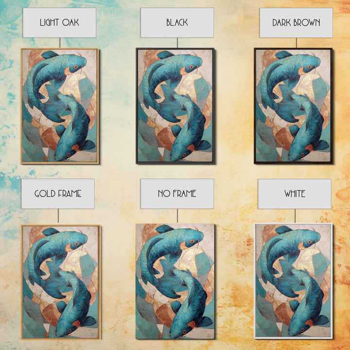 Teal Koi Fish on Tonal Water Framed Canvas Print, Monochrome Art, Wall Art, Living Room Decor, Fine Art, Mono, Abstract Art, MON-2x3-25