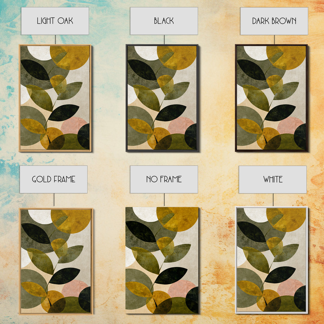 Olive Green Abstract Leaf Pattern Framed Canvas Print, Monochrome Art, Boho Decor, Living Room Decor, Fine Art, Mono, MON-2x3-52