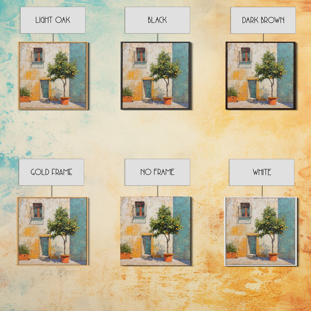 Orange Tree in Tiled Courtyard Framed Canvas Print, Moroccan Art, Contemporary Art, Living Room Decor, Oil Painting, Marrakesh, MOR-1x1-37