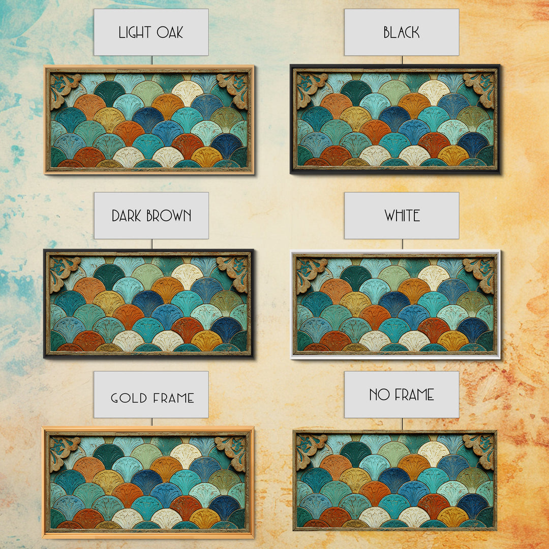 Turquoise Tile Fish Scale Pattern Framed Canvas Print, Moroccan Art, Living Room Rug, Living Room Decor, Abstract Art, MOR-2x1-65