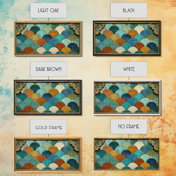 Turquoise Tile Fish Scale Pattern Framed Canvas Print, Moroccan Art, Living Room Rug, Living Room Decor, Abstract Art, MOR-2x1-65