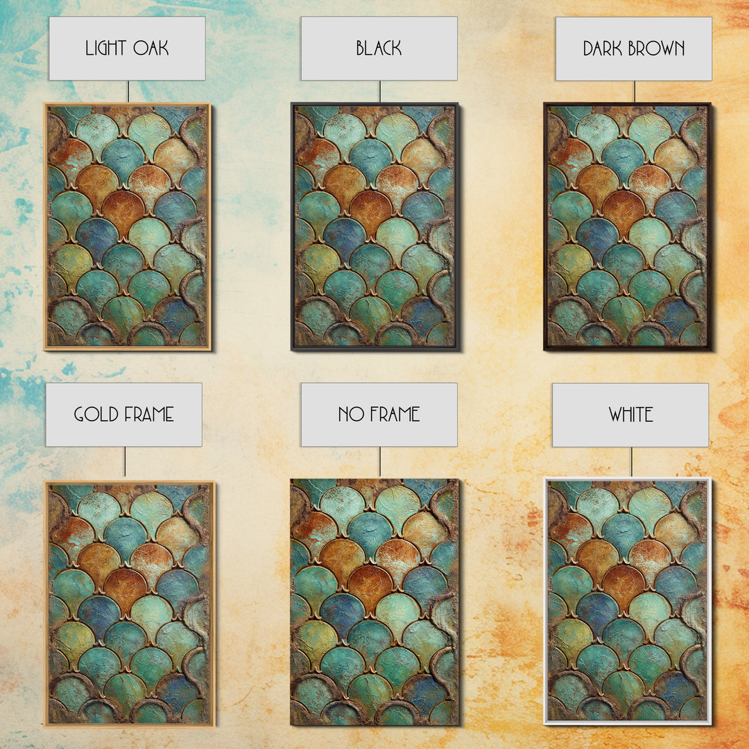 Turquoise Tile Fish Scale Pattern Framed Canvas Print, Moroccan Art, Gallery Wall Set, Living Room Decor, Oil Painting, MOR-2x3-53