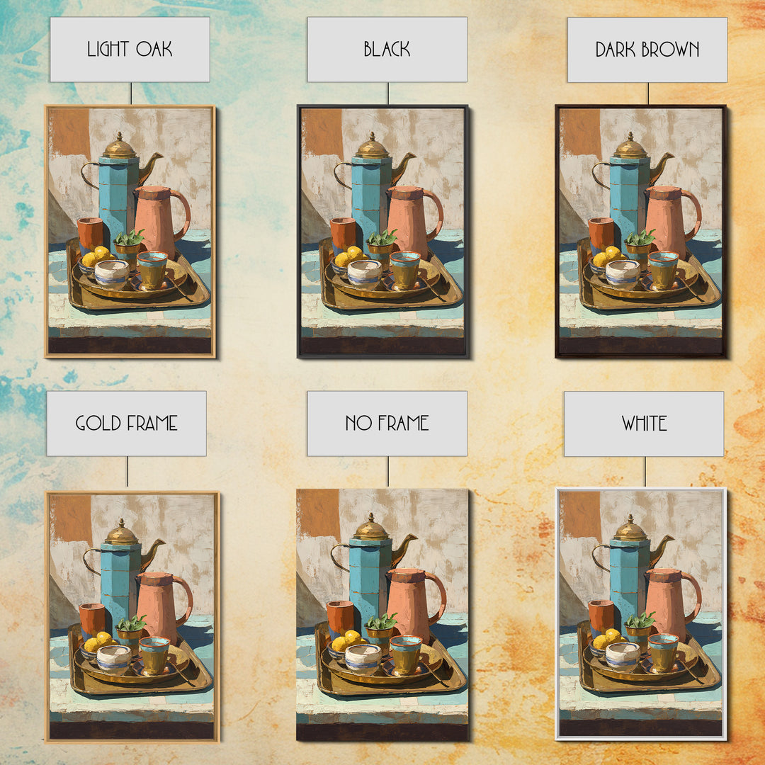 Moroccan Tea Set Framed Canvas Print, Moroccan Art, African Art, Living Room Decor, Fine Art, Marrakesh, Neutral Decor, MOR-2x3-60