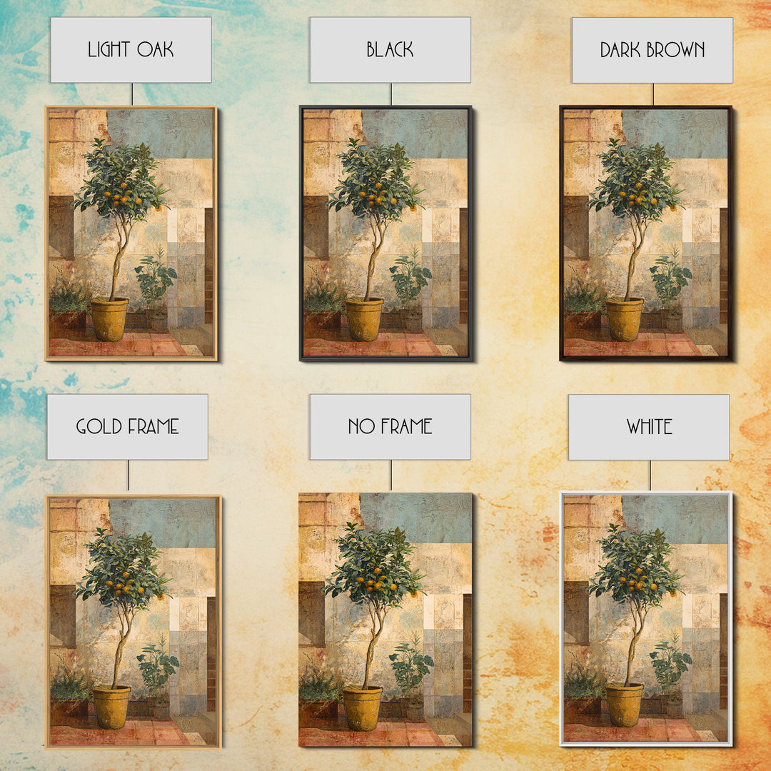 Orange Tree in Tiled Courtyard Framed Canvas Print, Moroccan Art, Neutral Wall Art, Living Room Decor, Fine Art, Marrakesh, MOR-2x3-69