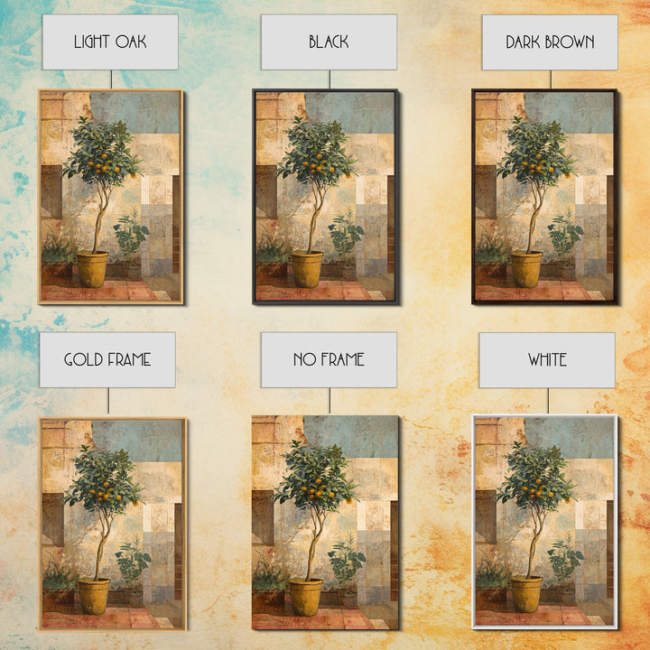 Orange Tree in Tiled Courtyard Framed Canvas Print, Moroccan Art, Neutral Wall Art, Living Room Decor, Fine Art, Marrakesh, MOR-2x3-69