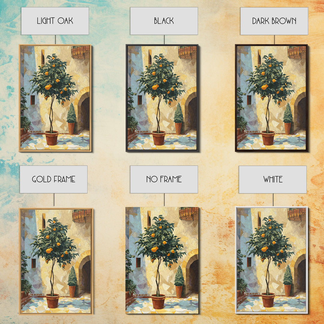 Orange Tree in Tiled Courtyard Framed Canvas Print, Moroccan Art, Neutral Wall Art, Living Room Decor, Fine Art, Marrakesh, MOR-2x3-93