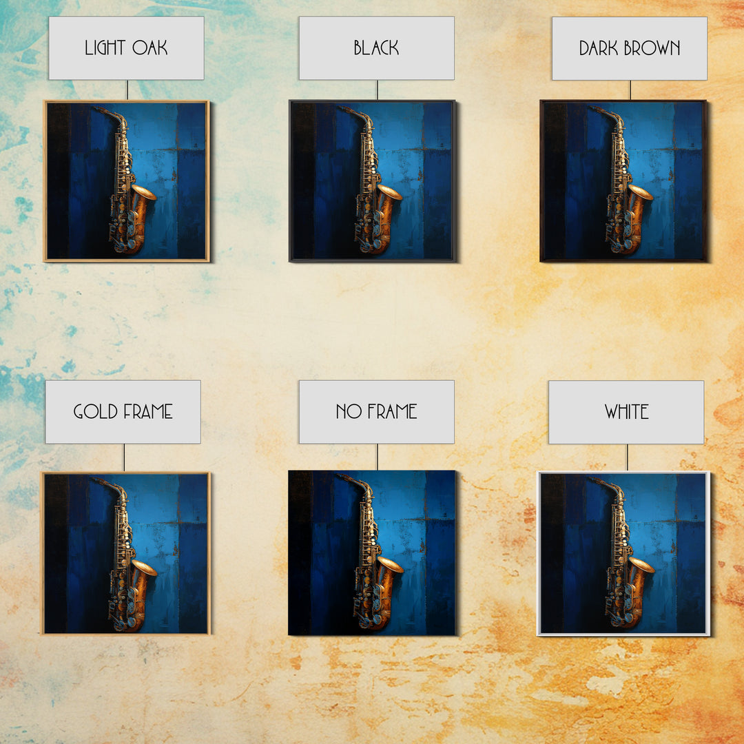 Jazz Saxophone with Smoky Blue Background Framed Canvas Print, Music Studio Art, Watercolor Print, Studio Decor, Rhythm, MSA-1x1-2