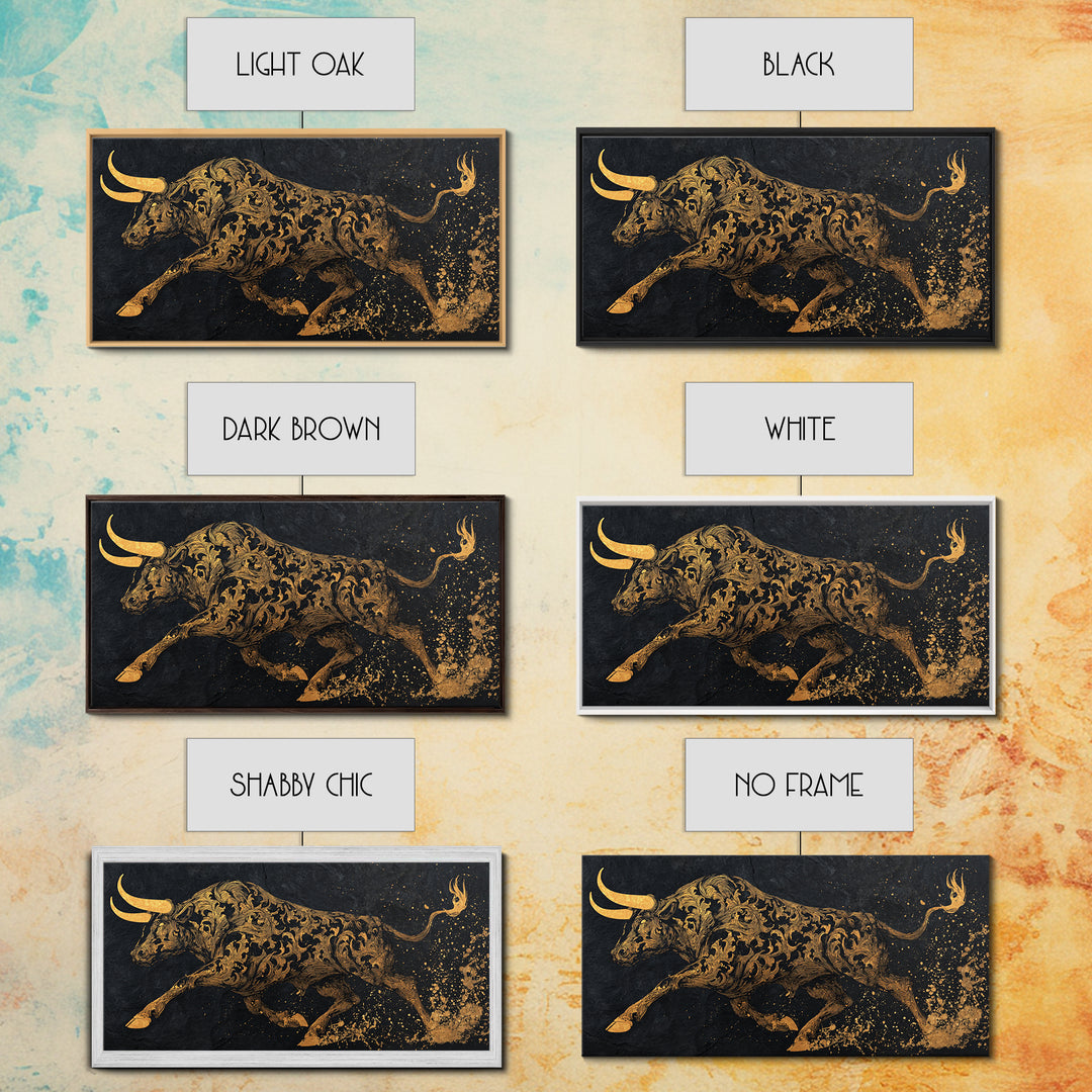 Ornate Golden Bull, Gold Canvas Print, Real Wood Frame, Decorative Animal Artwork, Powerful Bull Illustration