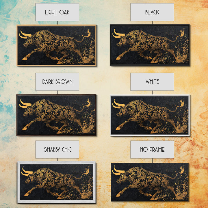 Ornate Golden Bull, Gold Canvas Print, Real Wood Frame, Decorative Animal Artwork, Powerful Bull Illustration