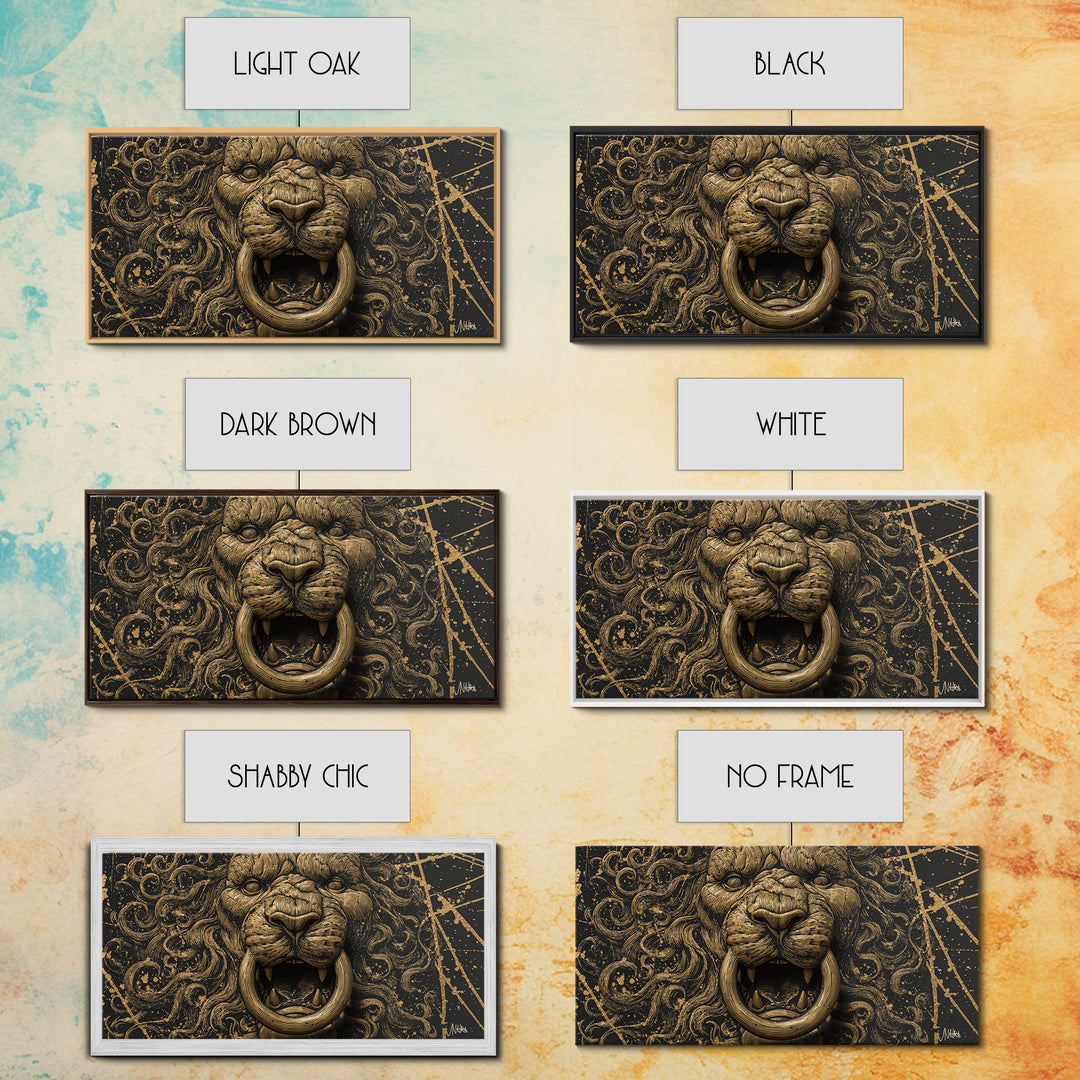 Golden Lion Door Knocker Close Up, Gold Canvas Art, Real Wood Frame, Splatter Style Animal Decor, Regal Lion Artwork