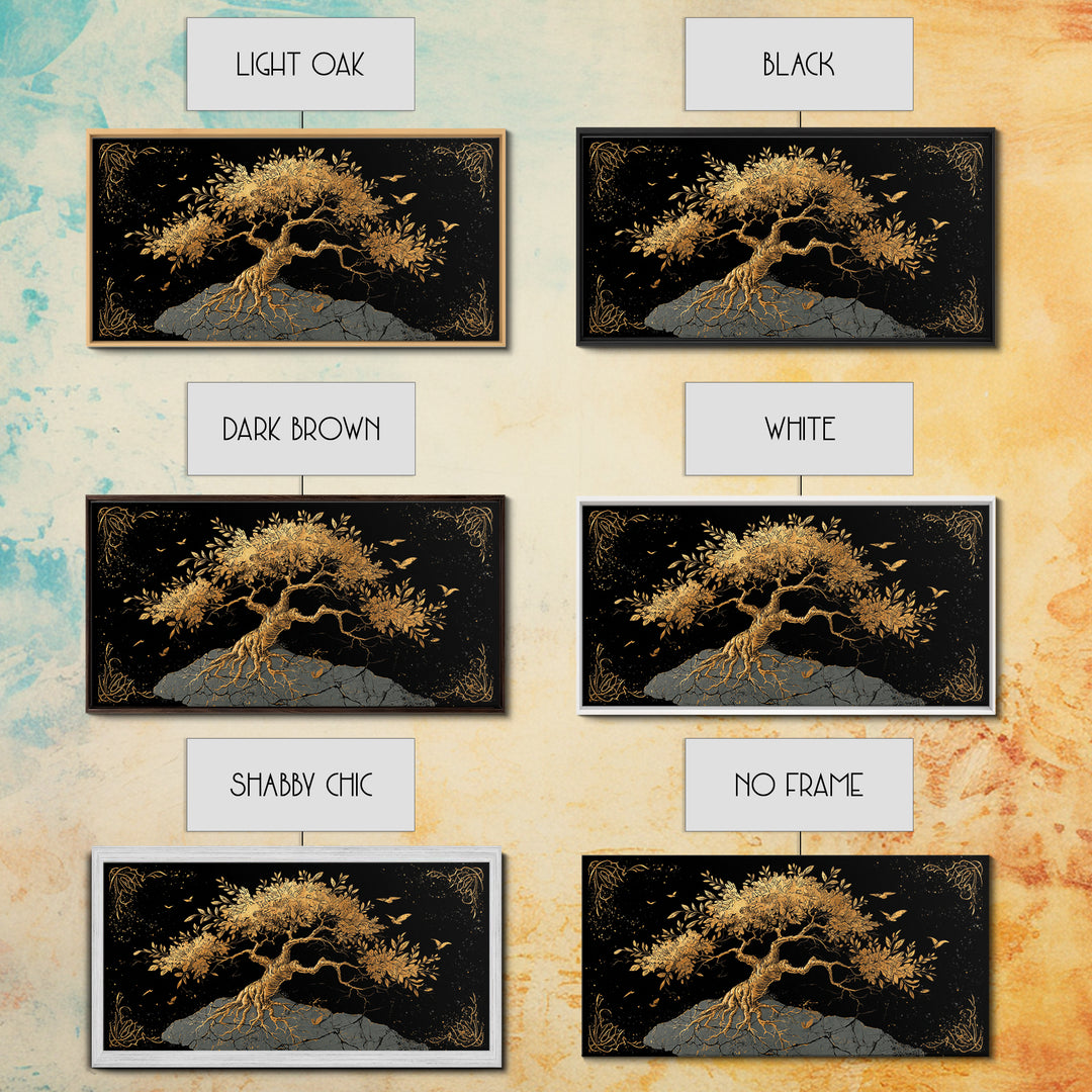 Gold Tree of Life Artwork, Intricate Roots and Leaves, Wood Framed Map Wall Art for Home or Office Décor