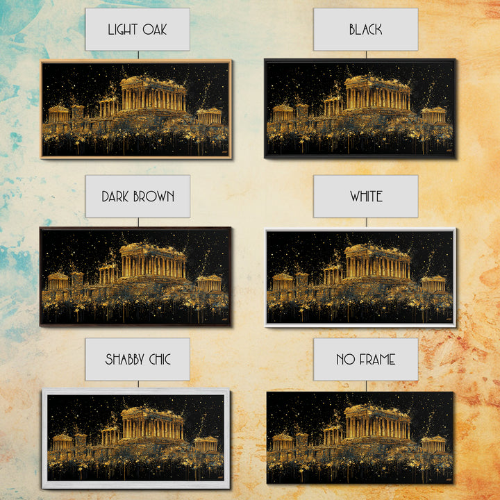 Gold Parthenon Greece Architecture Print, Splatter Art Style, Wood Framed Map Wall Art for Travel and History Fans