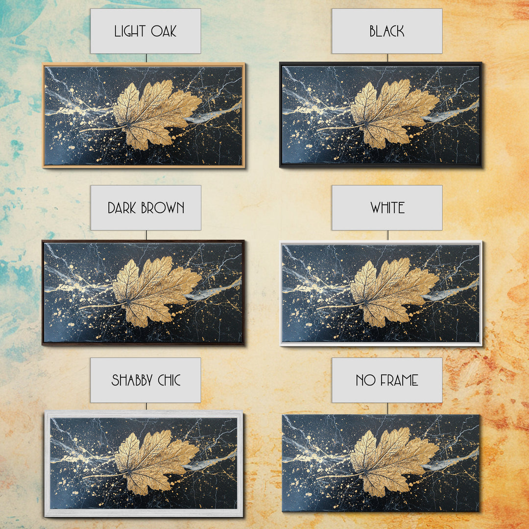 Golden Maple Leaf On Black, Gold Canvas Art, Real Wood Frame, Splatter Style, Nature Wall Decor, Leaf Print